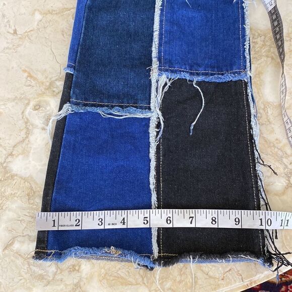 Shein Patchwork Distressed Black & Blue Denim High Waist Button Fly Flare Jeans - Picture 15 of 16